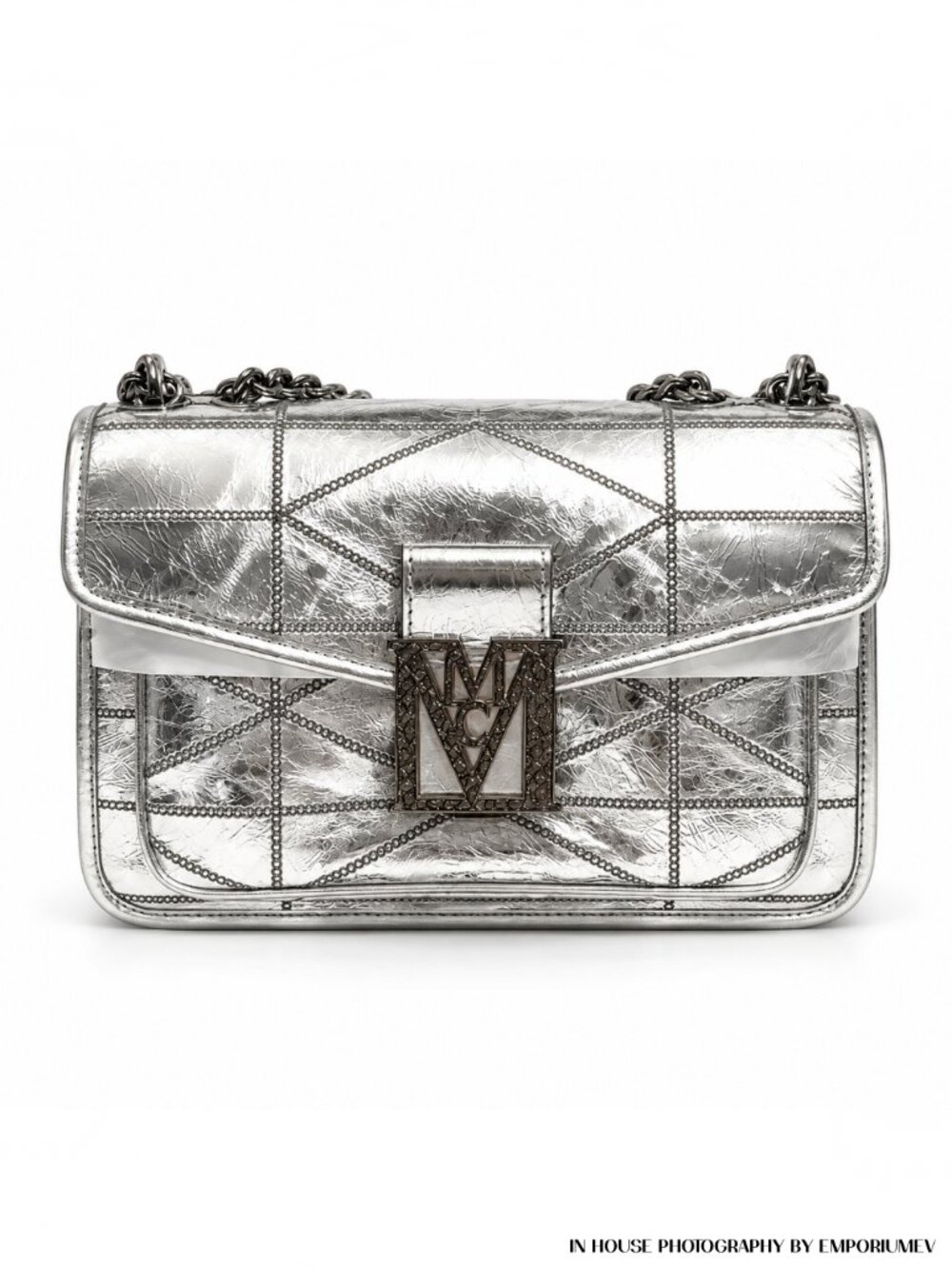 MCM Travia Quilted Shoulder Bag in Silver Crash Calf Leather